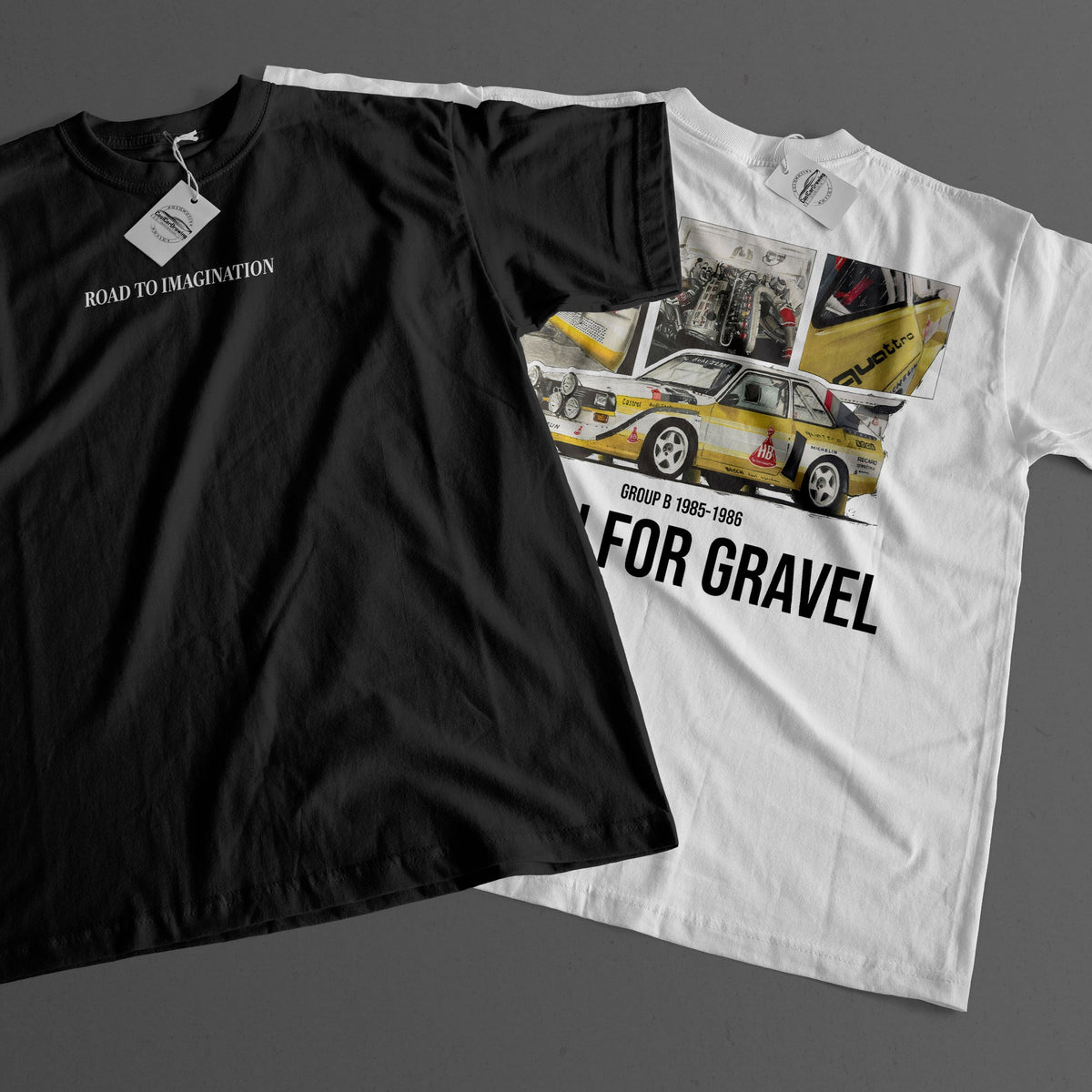 Two graphic t-shirts laid flat on a dark gray background: a black short-sleeve tee with small white text on the chest, and a white short-sleeve tee with a large vintage car collage print and bold black text reading 'FOR GRAVEL'.