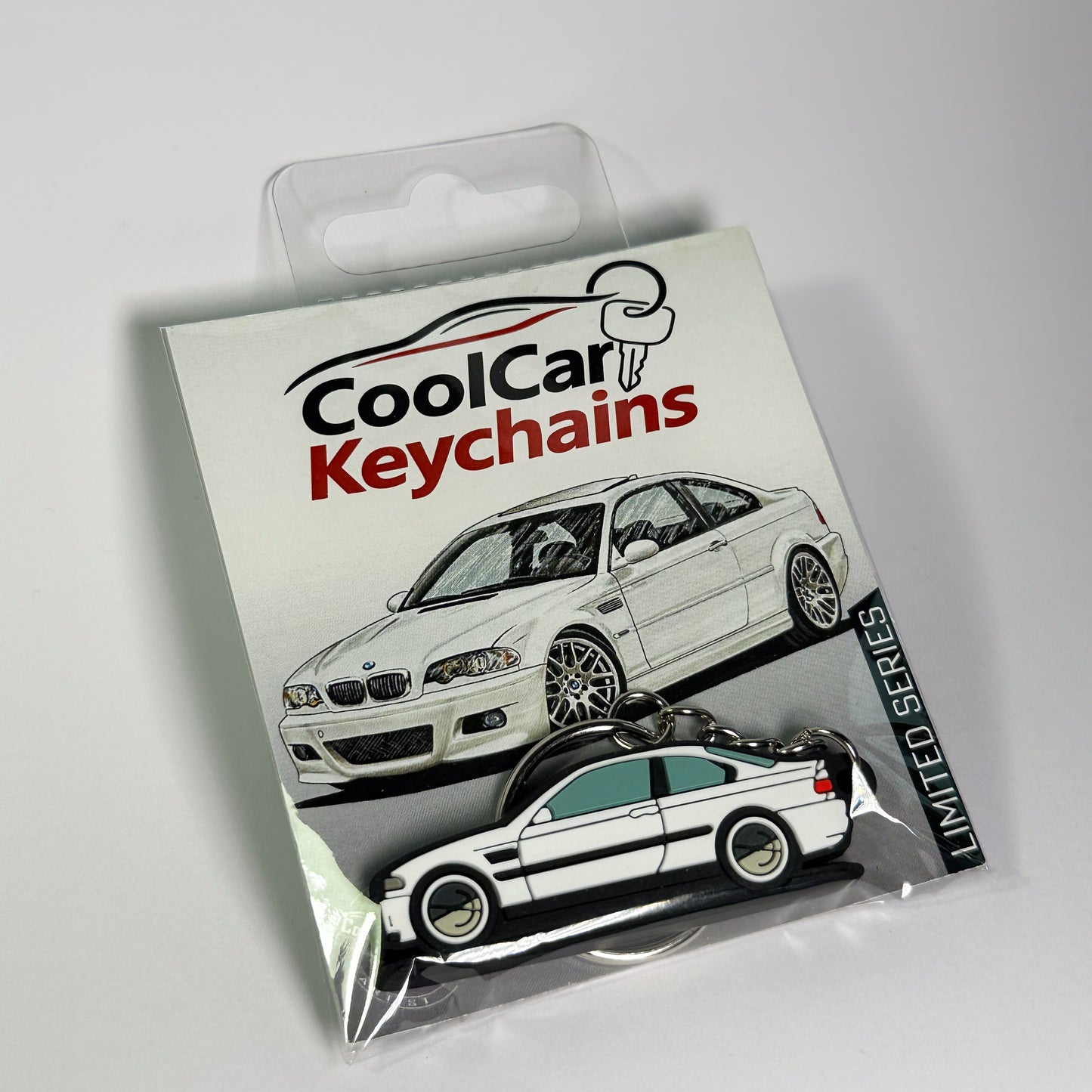 white bmw e46 keychain in plastic bag, pvc car keychain