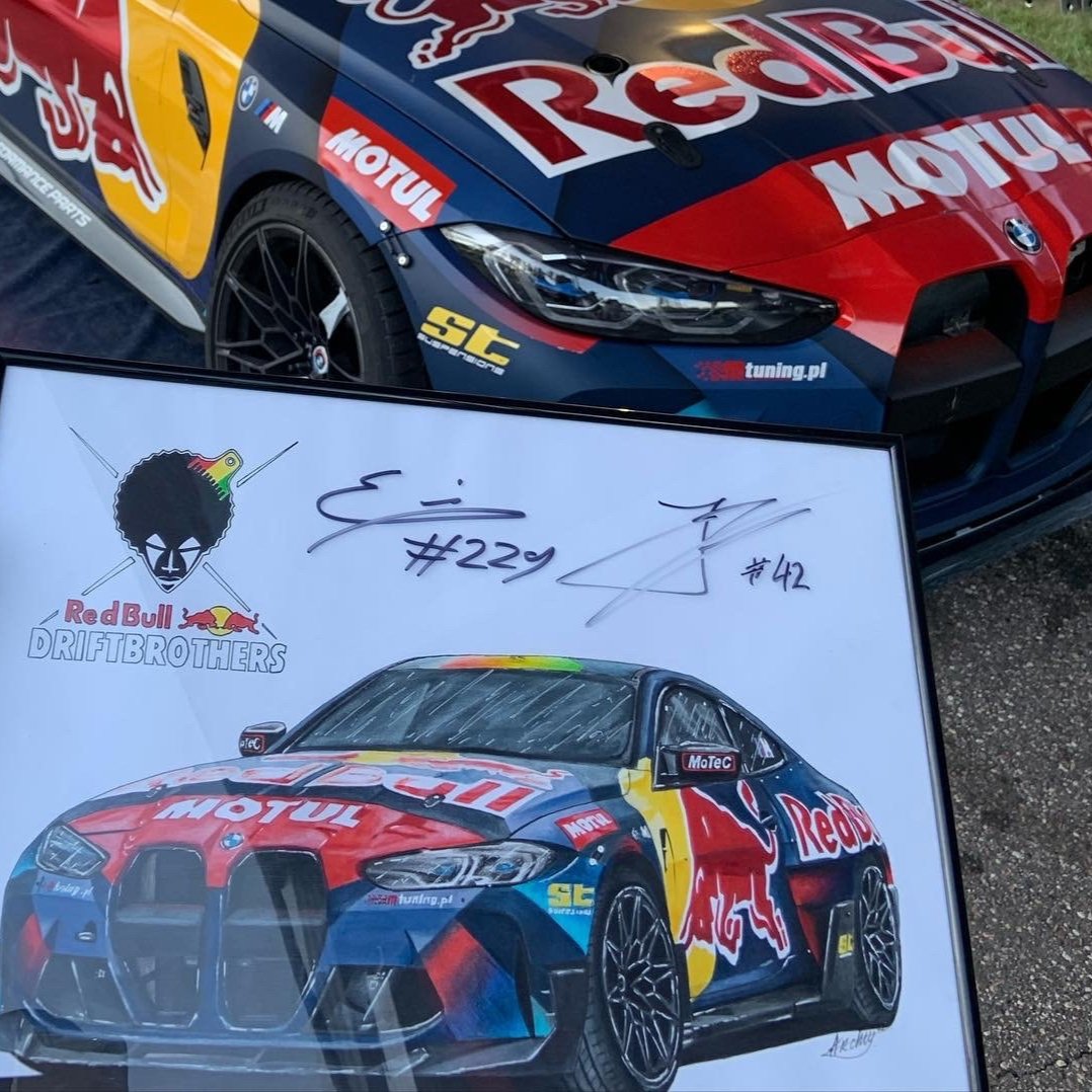 redbull drift brother bmw drawing with car in background