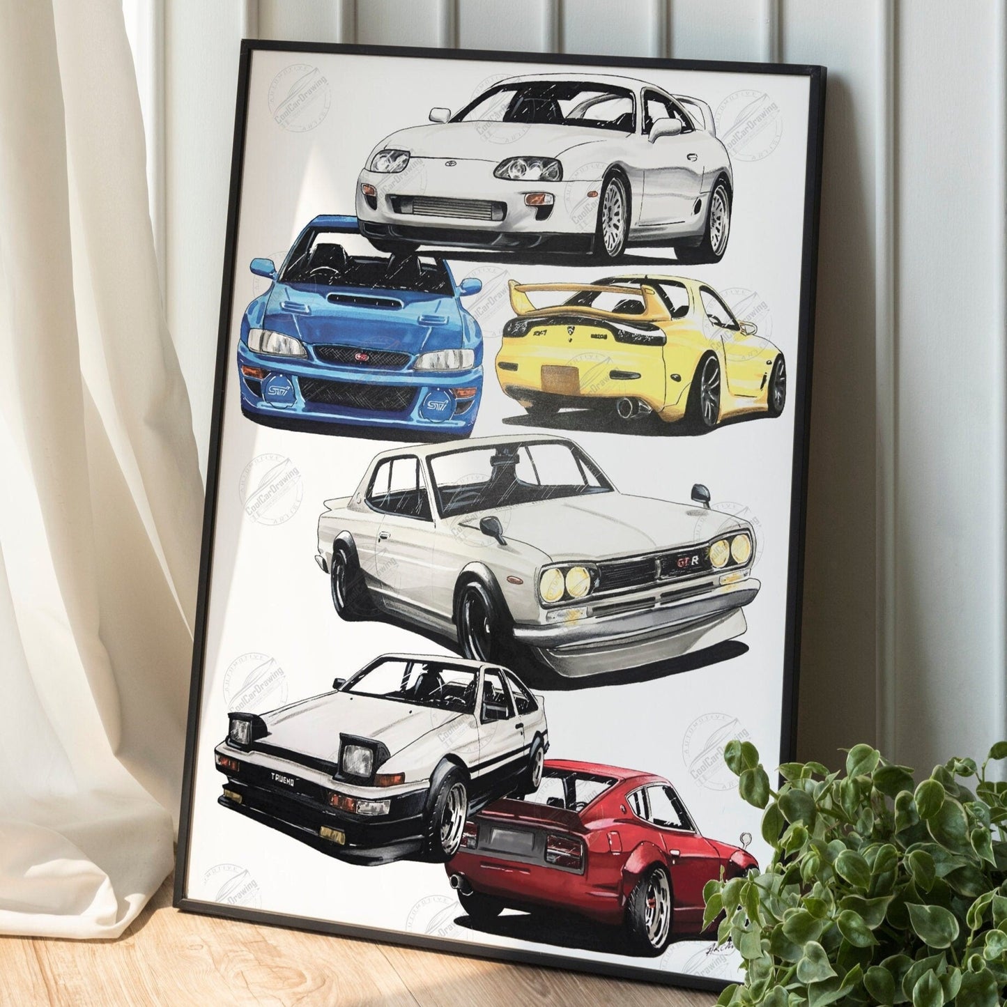A poster featuring illustrations of various JDM cars arranged in a collage style.