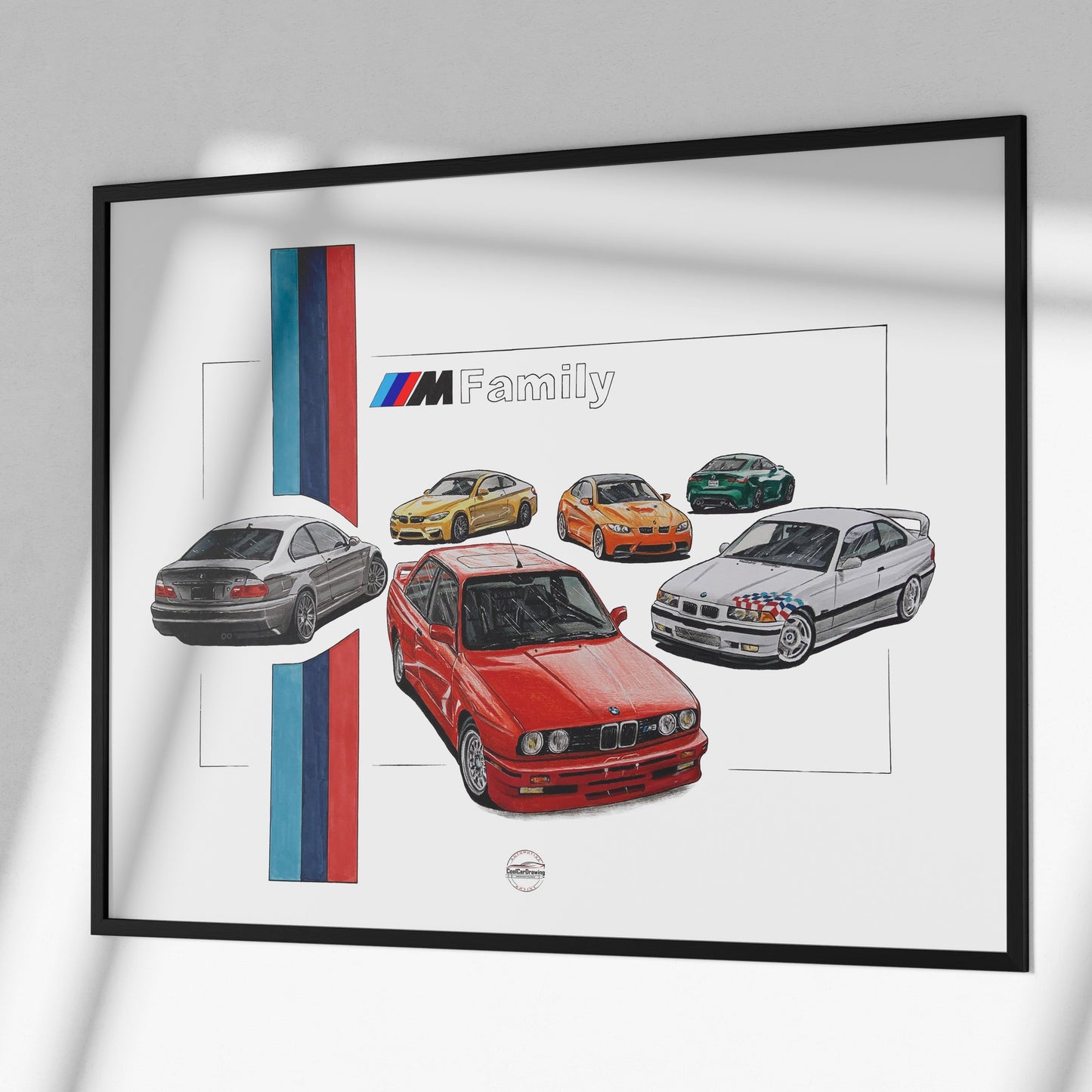 bmw m3 generation poster in black frame