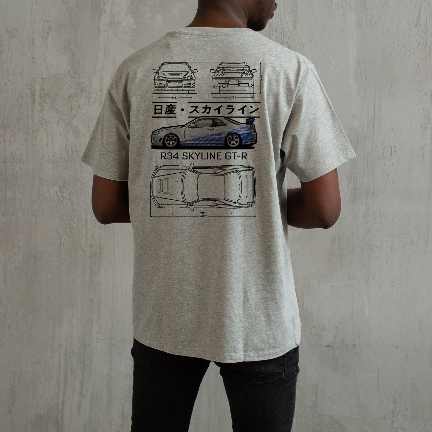 nissan skyline r34 blueprint tshirt, cotton tshirt