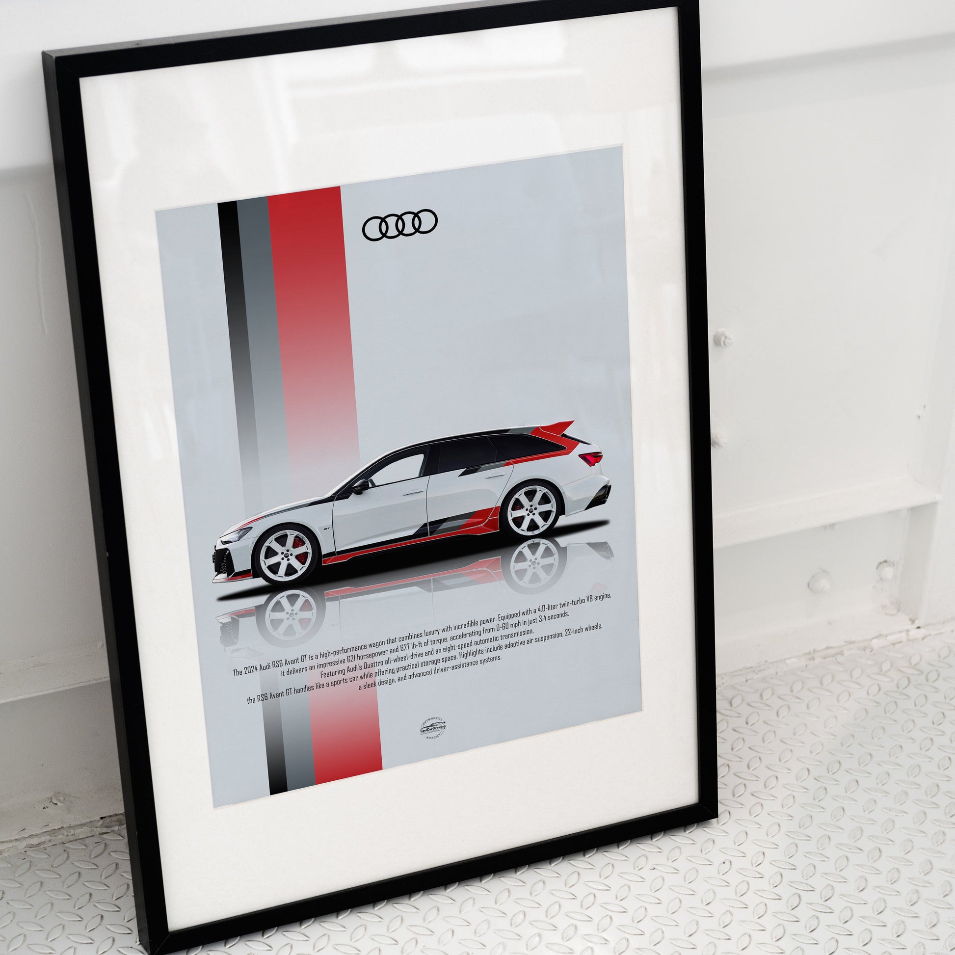 Framed poster of an Audi RS6 Avant car design on a white surface