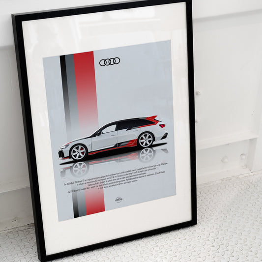 Framed poster of an Audi RS6 Avant car design on a white surface