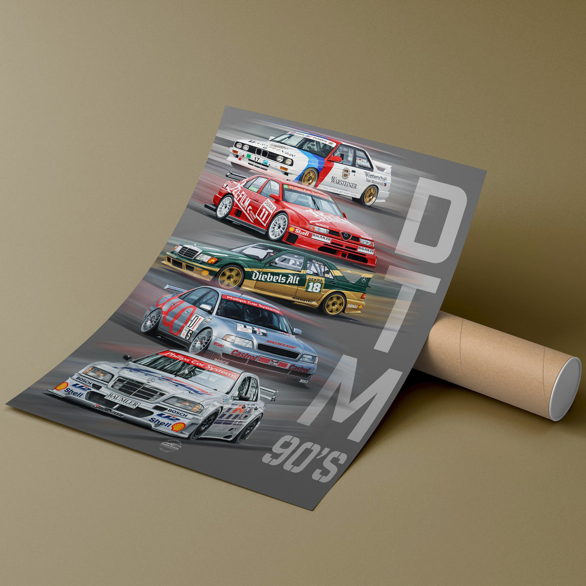 Roll of paper with DTM car illustrations and 'DTM 90's' text on a beige background