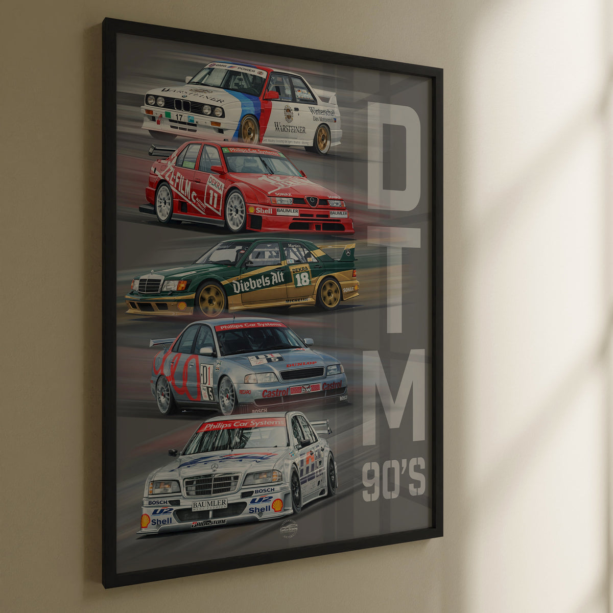 Framed poster of vintage DTM race cars on a wall in black frame