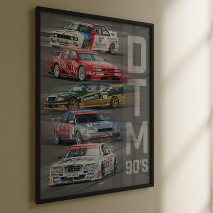 Framed poster of vintage DTM race cars on a wall in black frame