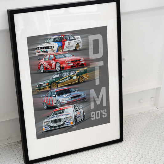 Framed poster of vintage DTM race cars from the 1990s on a white surface placed in black frame