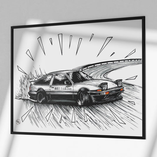 ae86 trueno poster in black frame hanging on wall