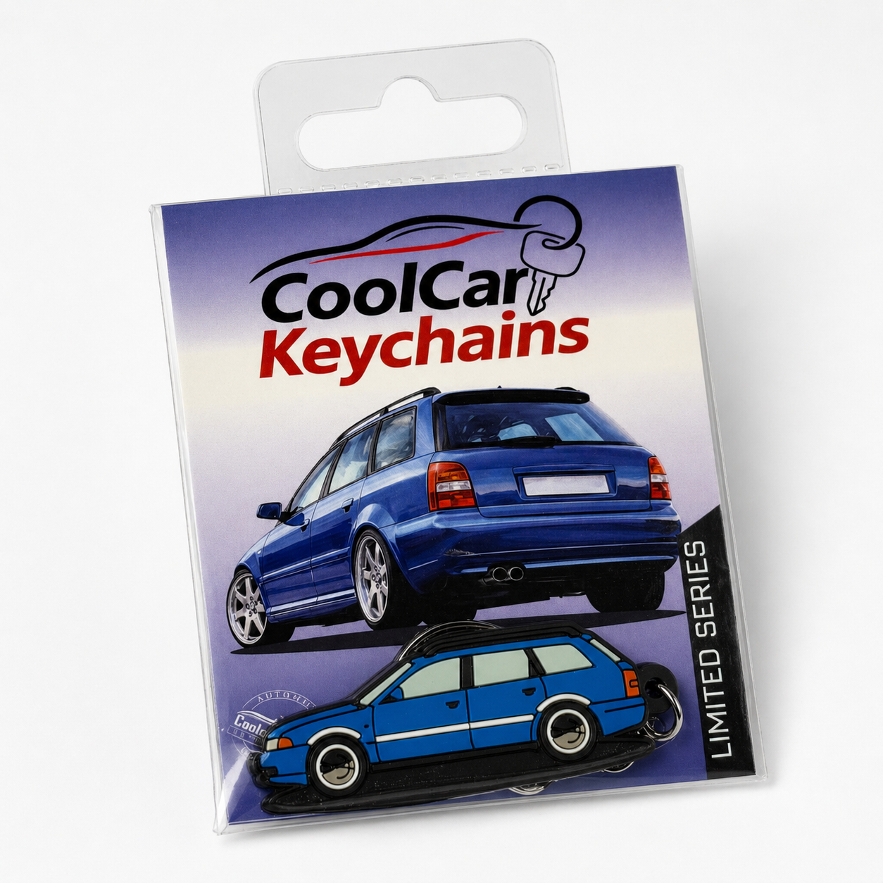 Packaging of CoolCar Keychains with a blue Audi A4 Avant design on a white background