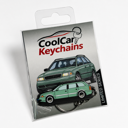 Packaging of Cool Car Keychains with green audi a4 avant on a white background