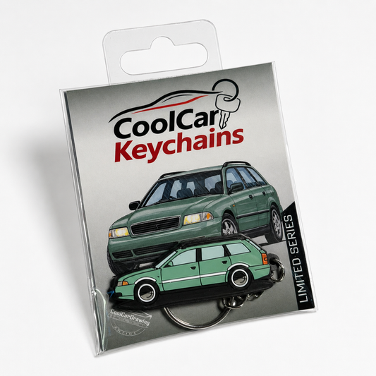 Packaging of Cool Car Keychains with green audi a4 avant on a white background