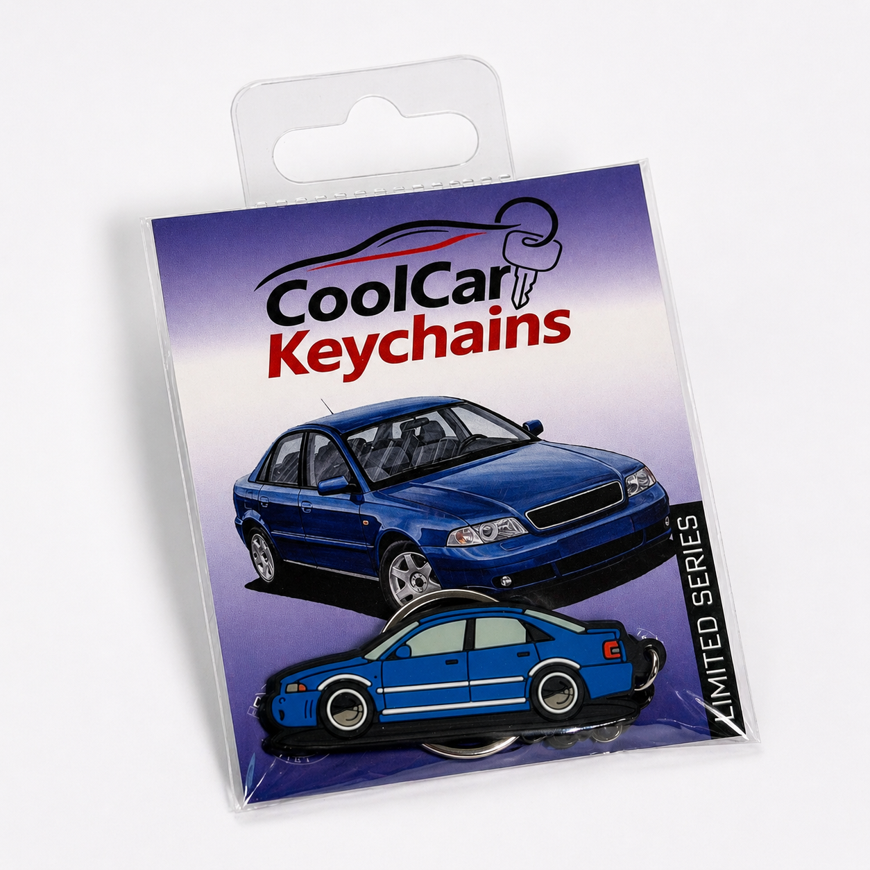 Packaging of CoolCar Keychains with a blue car design on a white background