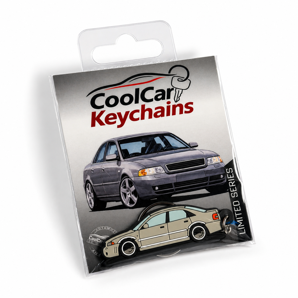 Grey Audi A4 car keychain in package