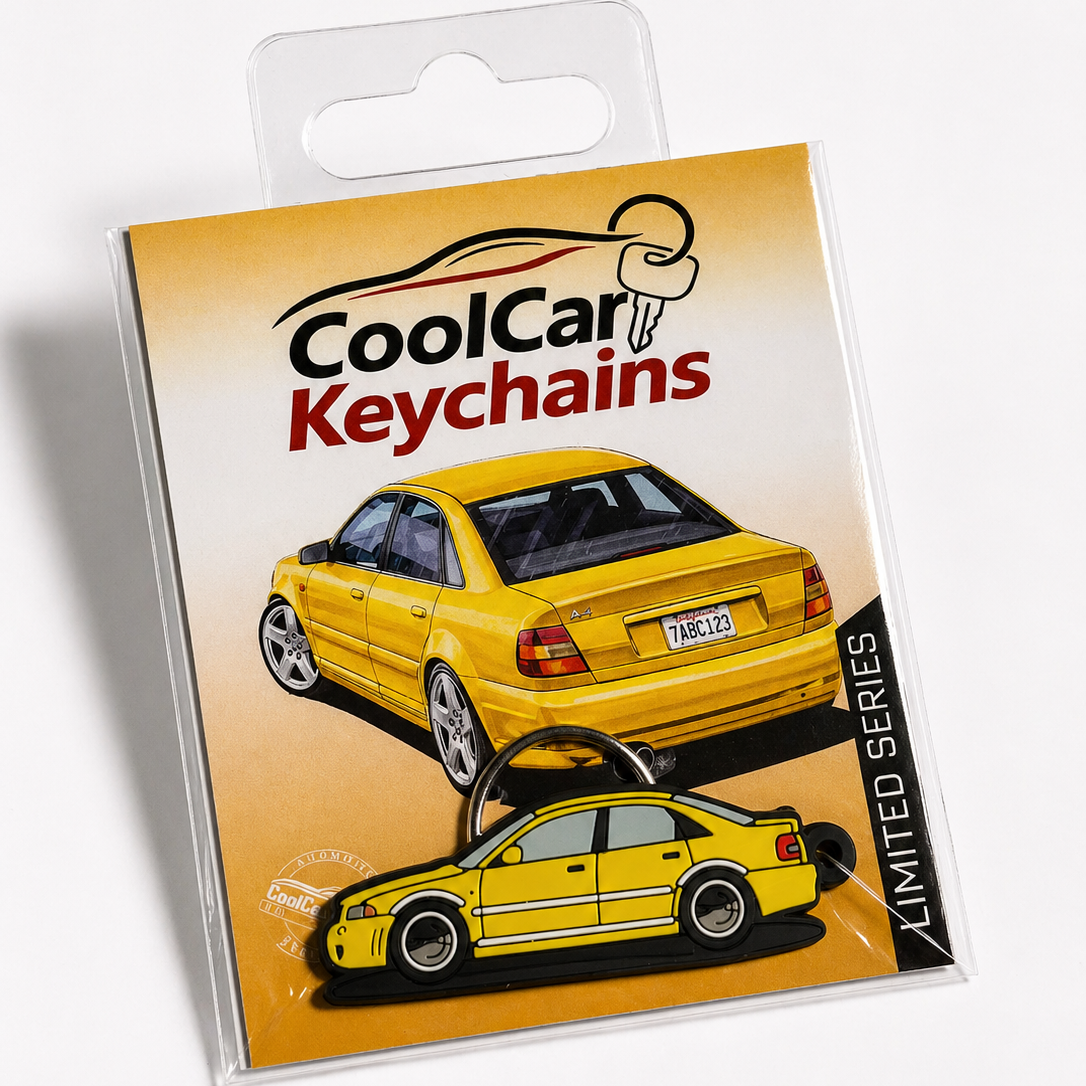 Packaging of CoolCar Keychains with a yellow Audi A4 design on a white background
