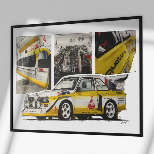 audi quattro s1e2 poster in black frame hanging on wall