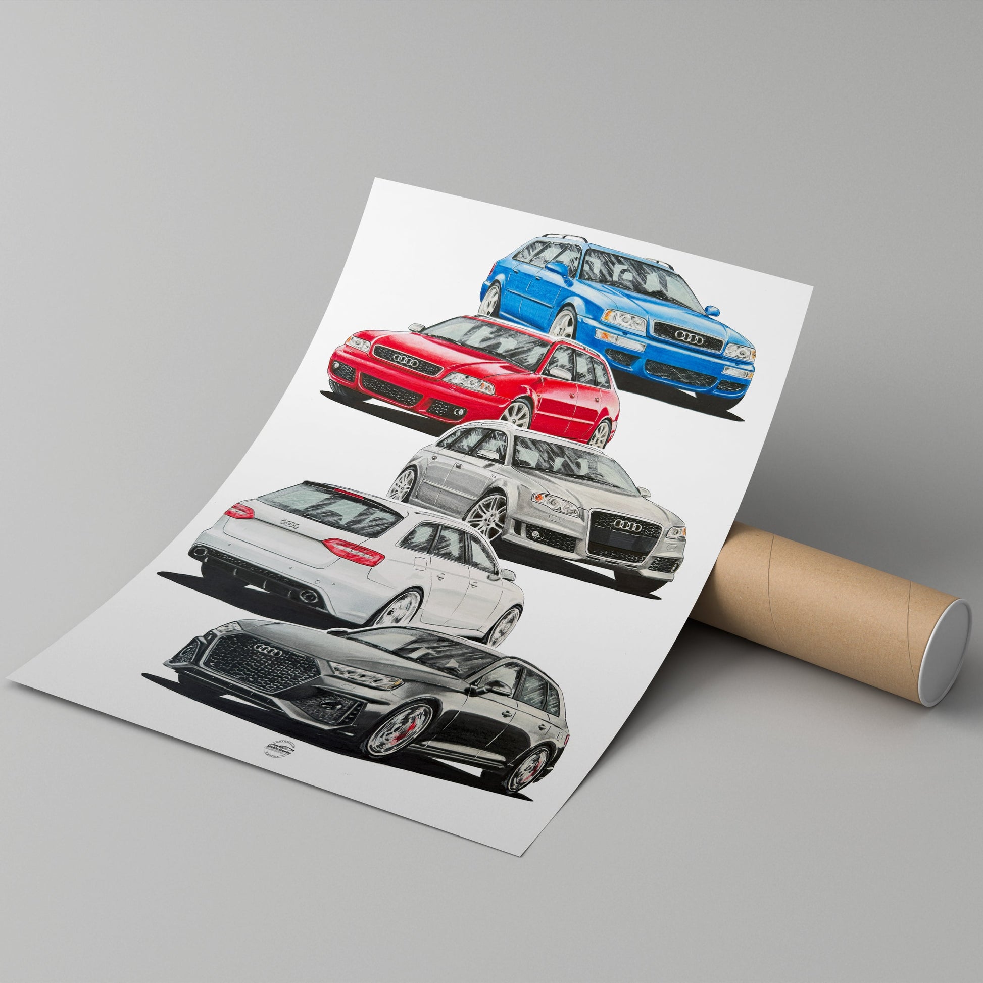 Roll of paper with illustrations of AUDI RS4 cars on a gray background