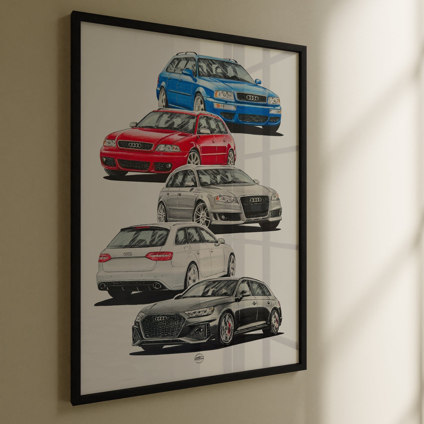 Framed artwork of Audi RS4 cars on a beige wall