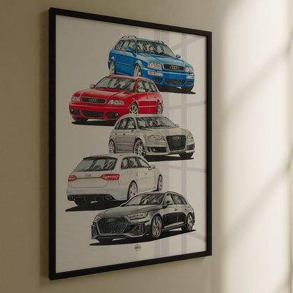 Framed artwork of Audi RS4 cars on a beige wall