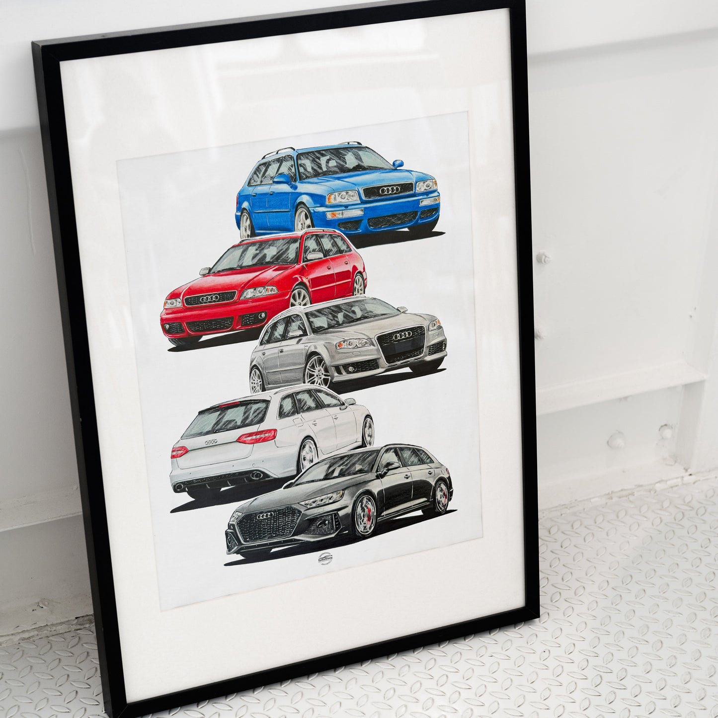 Framed artwork of four Audi RS4 cars on a white background