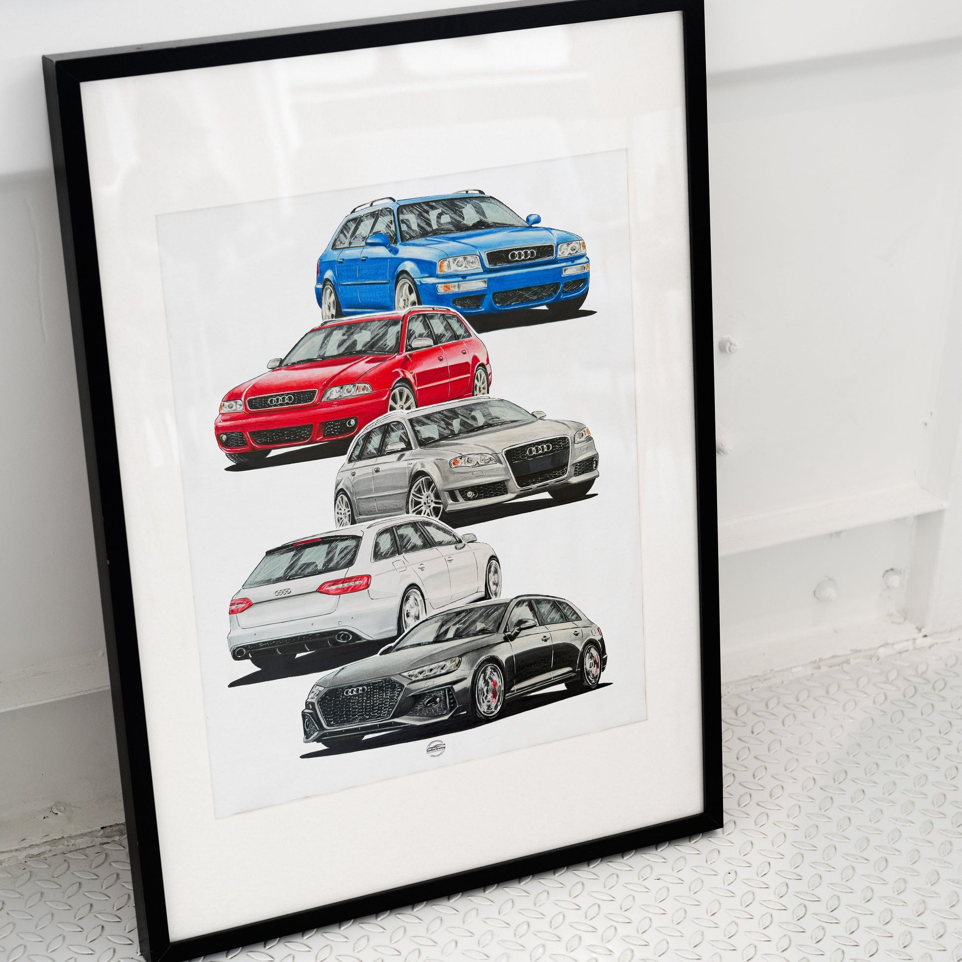 Framed artwork of four Audi RS4 cars on a white background