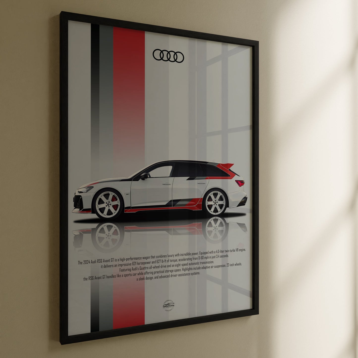 Frammed poster of Audi RS6 Avant on wall