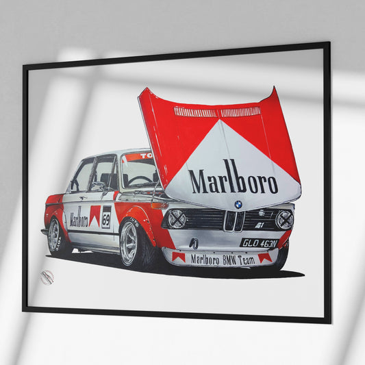 bmw 2002 poster in black frame hanging on wall, marlboro poster