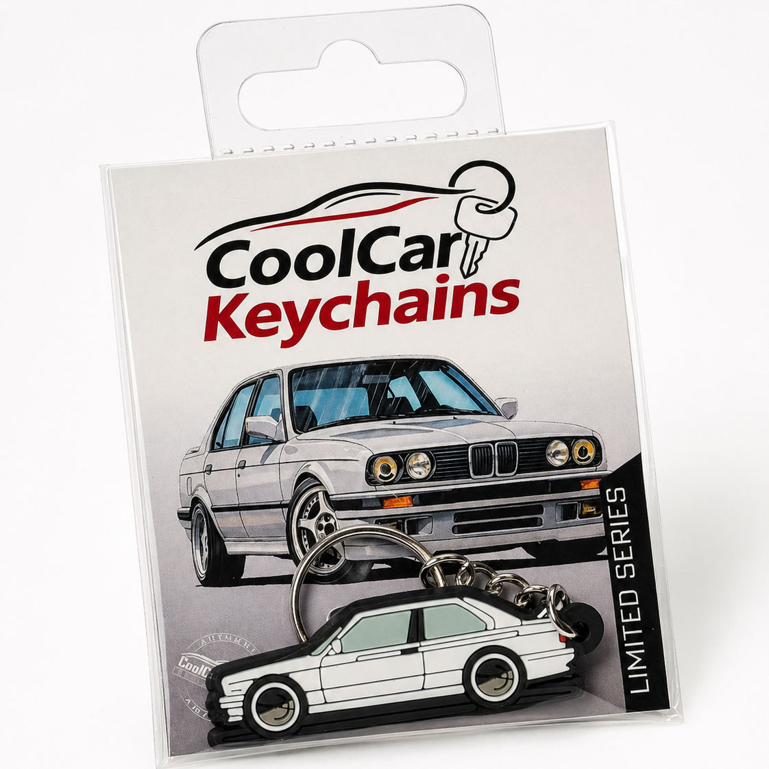 Packaging of CoolCar Keychains with a white BMW E30 keychain on a white background