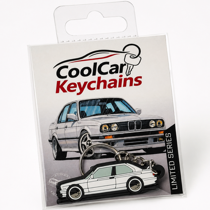 Packaging of CoolCar Keychains with a white BMW E30 keychain on a white background