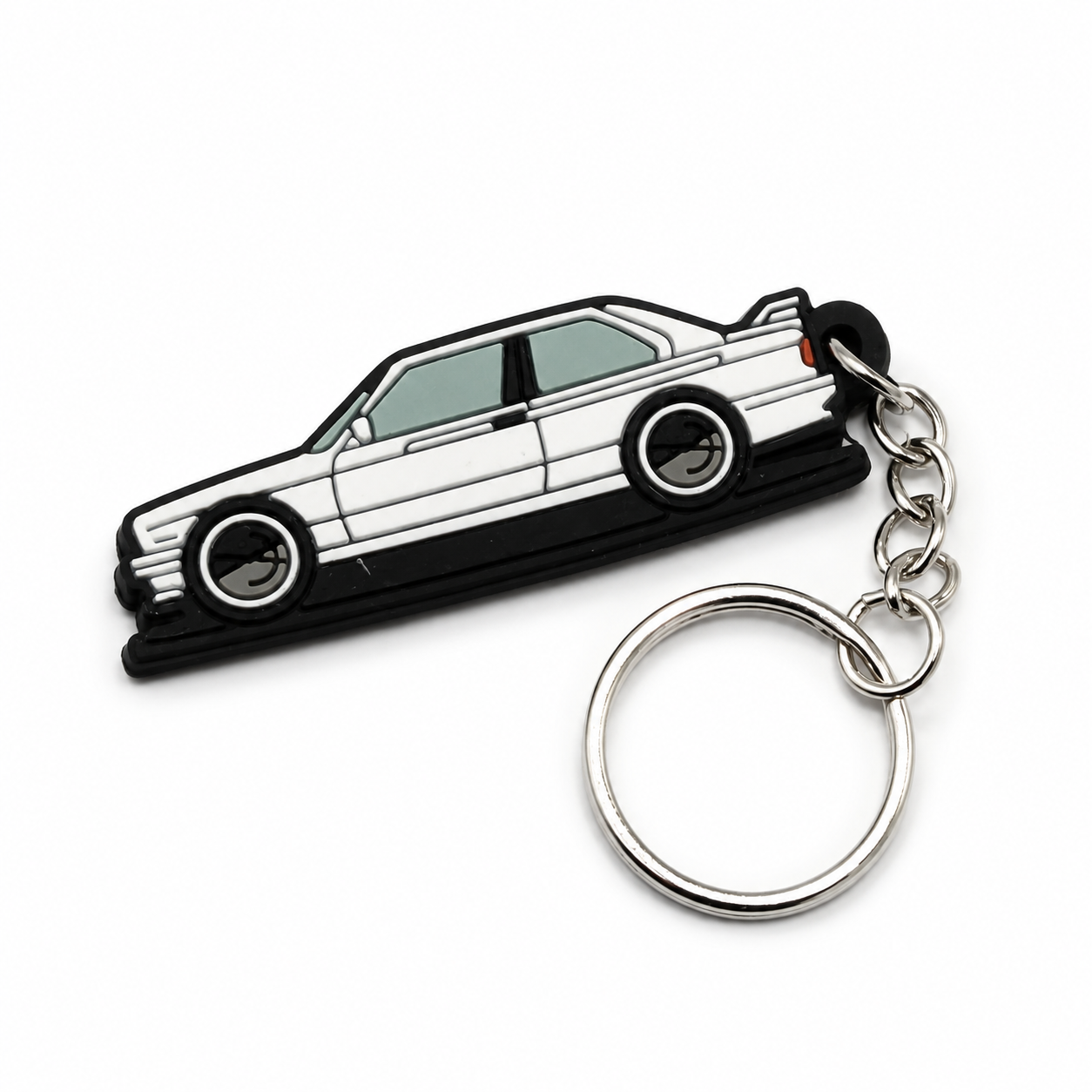 White BMW E30 car keychain with metal ring