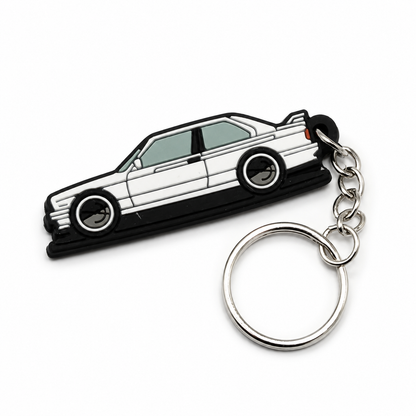 White BMW E30 car keychain with metal ring