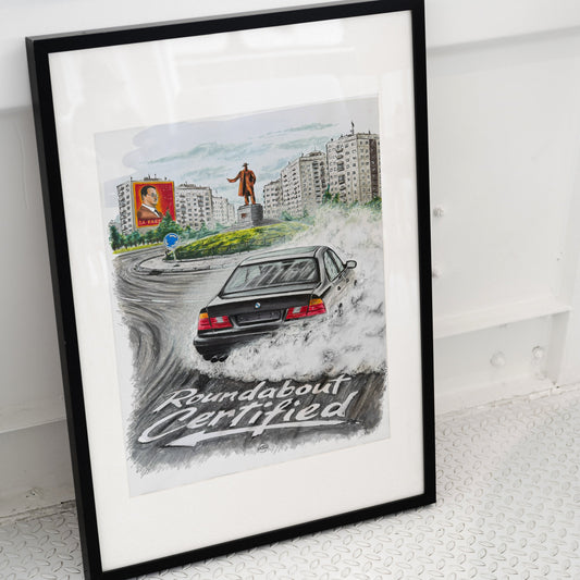 Framed artwork of a bmw e34 on a roundabout with a cityscape background, featuring the text 'Roundabout Certified'.