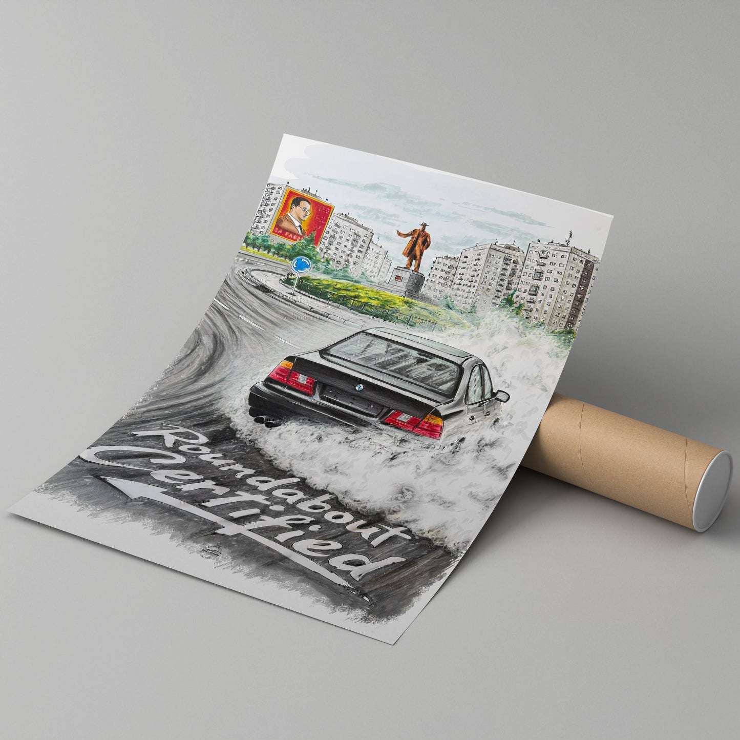 Roll of paper with a bmw e34 poster and on a gray background