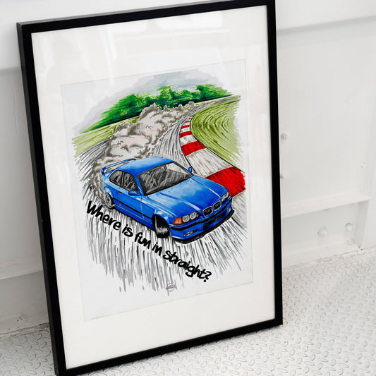 BMW E36 drift poster in black frame placed on ground