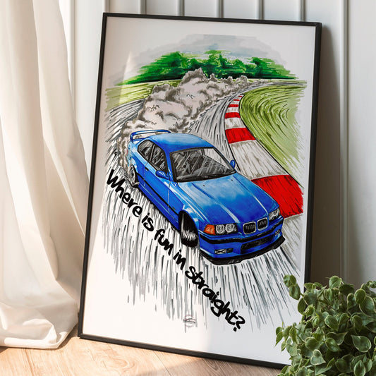 blue BMW E36 poster in black frame placed on ground