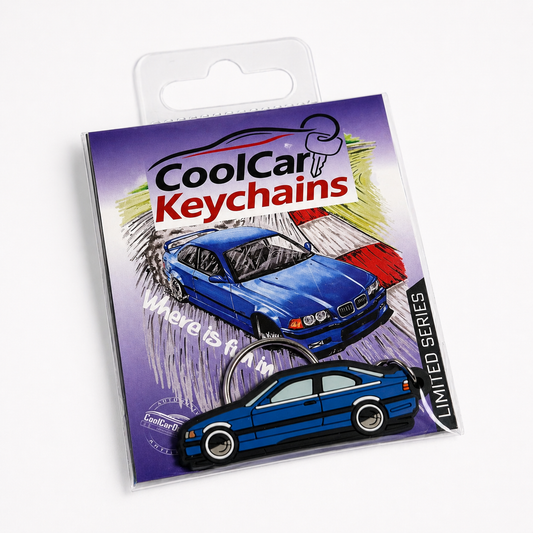 Packaging of CoolCar Keychains with blue BMW E36 keychain on a white background