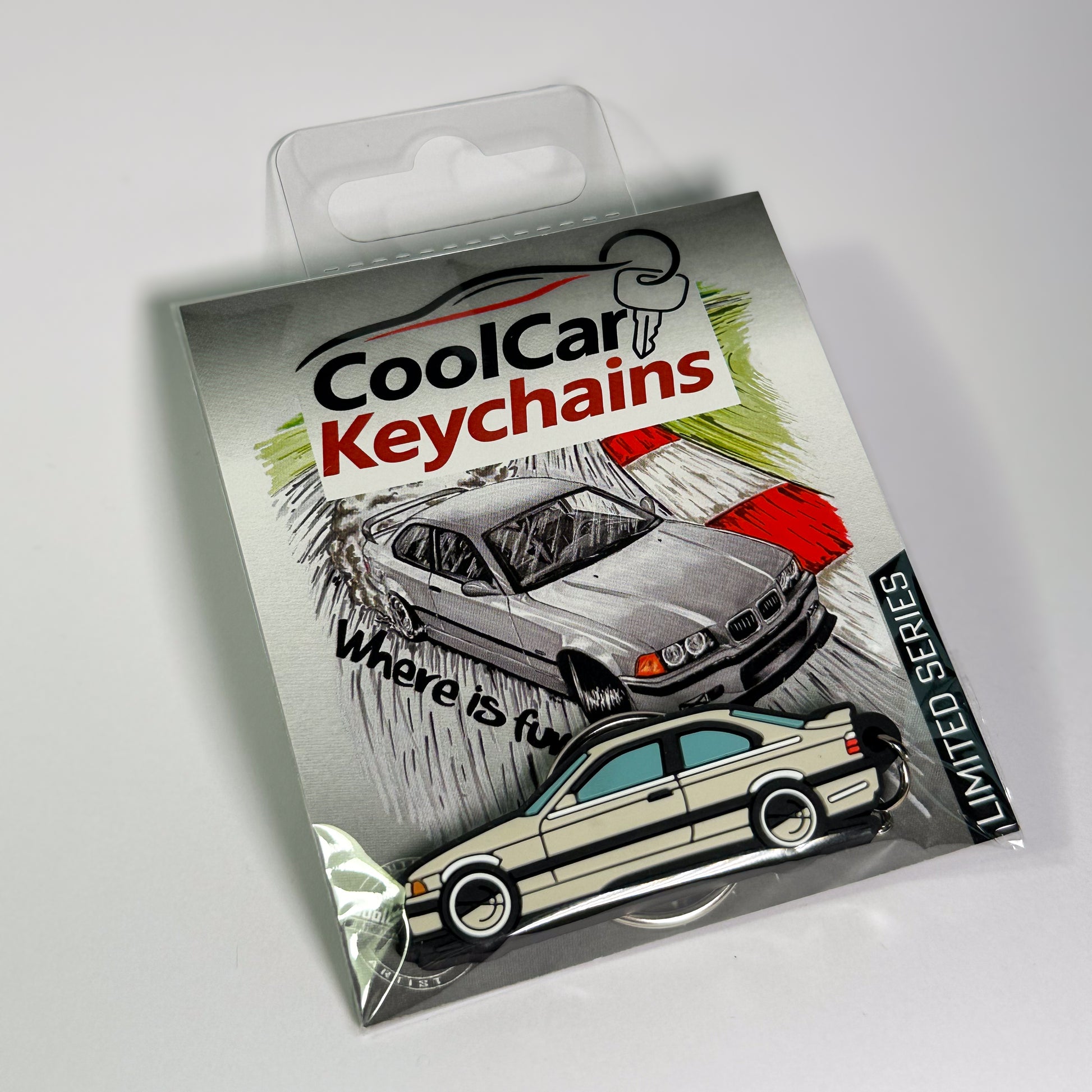 grey bmw e36 keychain in plastic bag, pvc keychain