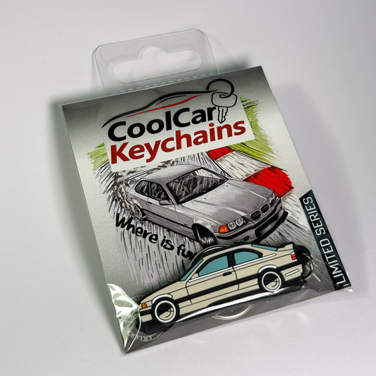 grey bmw e36 keychain in plastic bag, pvc keychain