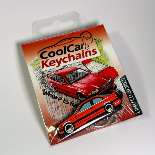 Red Bmw E36 keychain with metal keyring and plastic bag