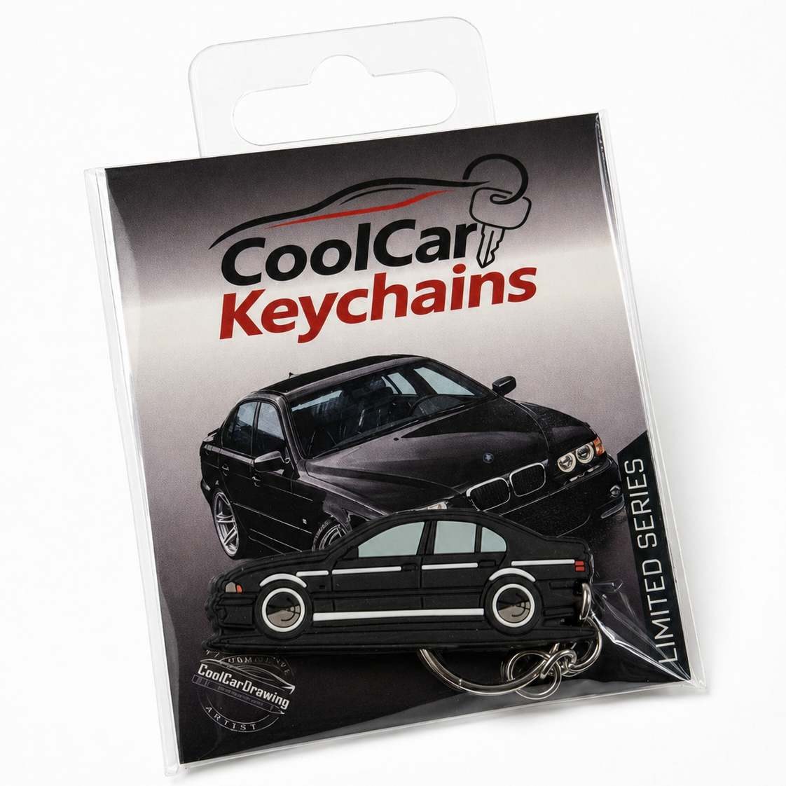 Packaging of CoolCar Keychains with a black BMW E39 keychain on a white background