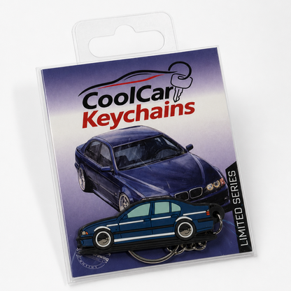 Packaging of CoolCar Keychains with a blue BMW E39 keychain on a white background