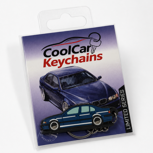 Packaging of CoolCar Keychains with a blue BMW E39 keychain on a white background