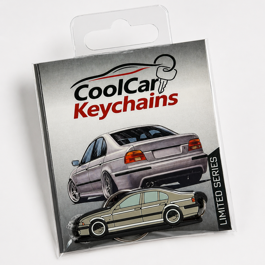 Packaging of CoolCar Keychains with grey BMW E39 keychain on a white background