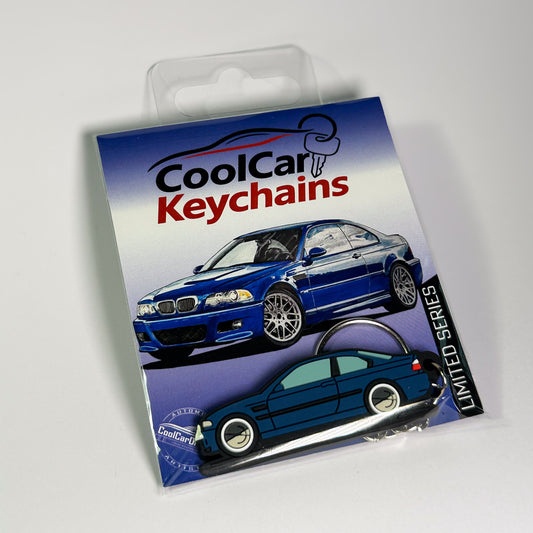 blue bmw e46 keychain in plastic bag, pvc car keychain
