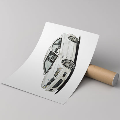 bmw e46 drawing placed on cardboard tube 