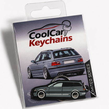 Packaging of BMW E46 Keychain with a car illustration on a white background