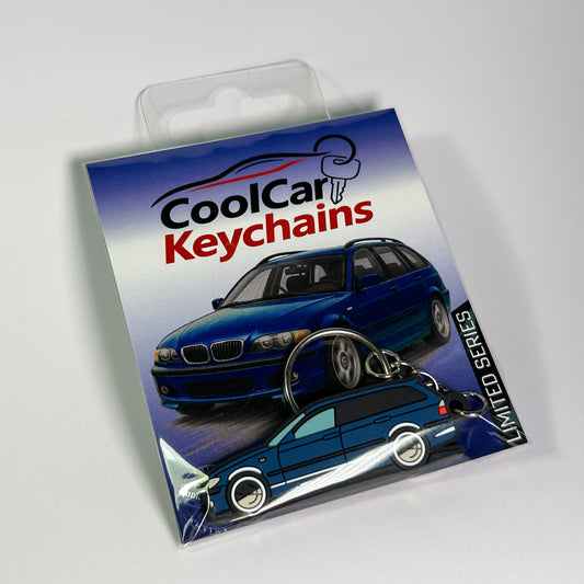 blue bmw e46 wagon keychain in plastic bag, pvc car keychain