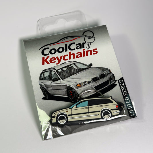 grey bmw e46 wagon keychain in plastic bag, pvc car keychain
