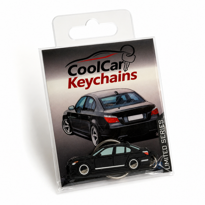 Packaging of CoolCar Keychains with a black BMW E60 keychain on a white background