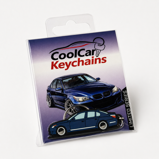 Packaging of CoolCar Keychains with a blue BMW E60 keychain on a white background